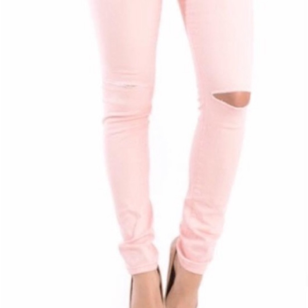 AMERICAN BAZI Women Distressed Knees Pink Skinny Jeans | 3